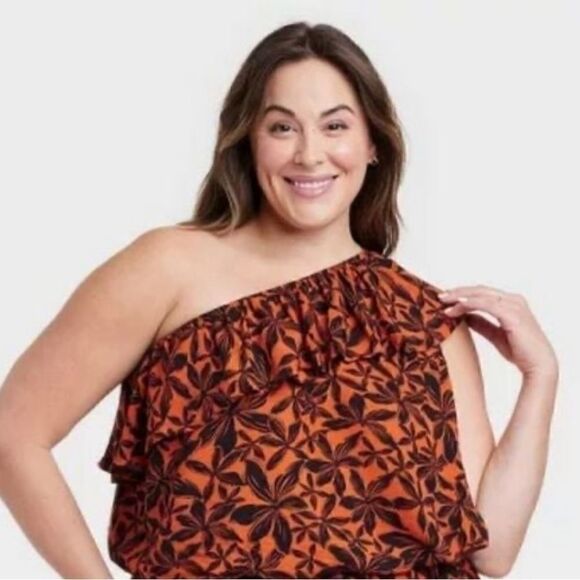 Ava & Viv Tops - Ava & Viv One Shoulder Top Black/ Orange Floral NWT Size 3X